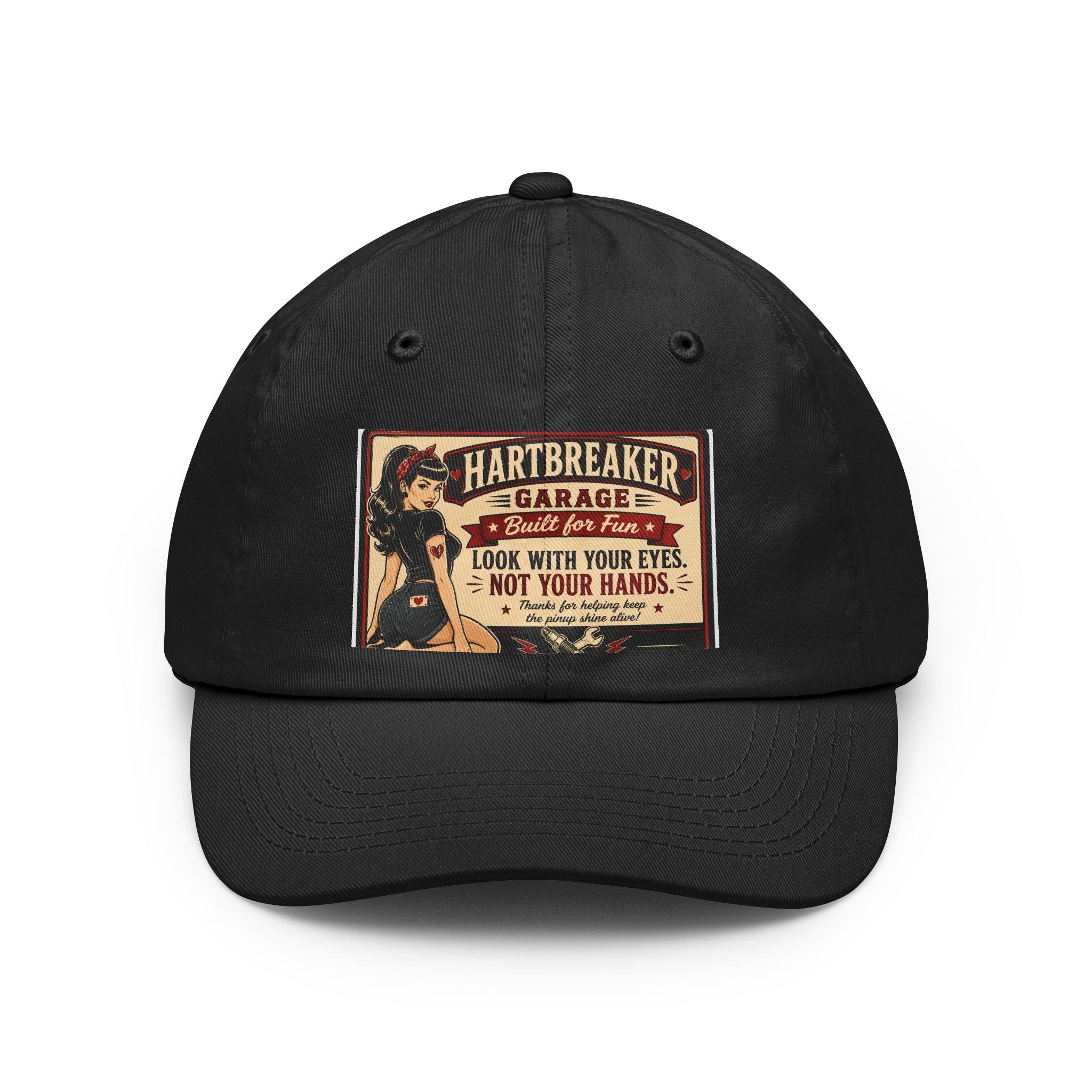 Hartbreaker Garage Vintage Pin-Up Dad Hat – “Look With Your Eyes, Not Your Hands”