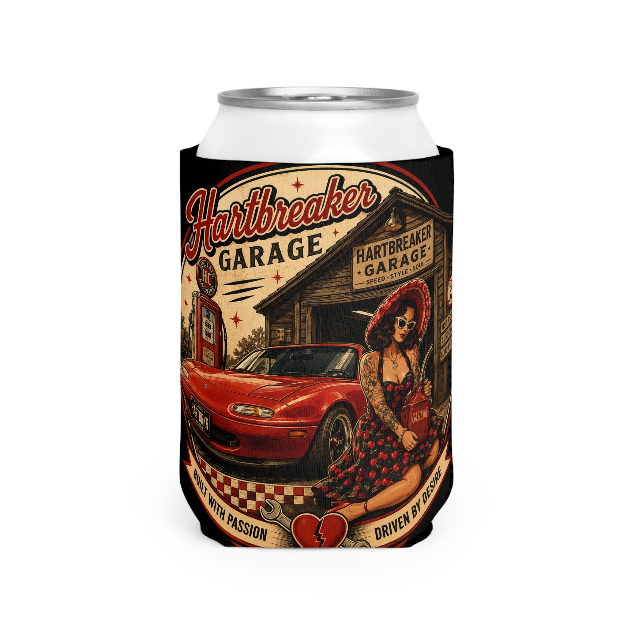 Heartbreaker Garage Retro Pinup Can Cooler Sleeve | Beverage Insulator