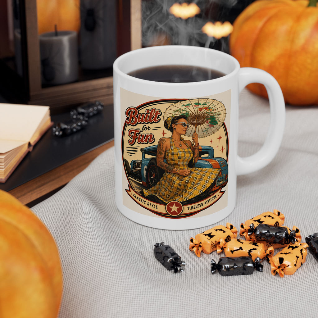 Built for Fun Ceramic Mug — Retro Road Trip Vintage Camper Coffee Cup (11oz/15oz)