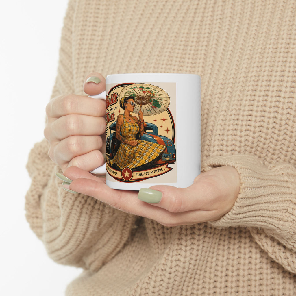 Built for Fun Ceramic Mug — Retro Road Trip Vintage Camper Coffee Cup (11oz/15oz)