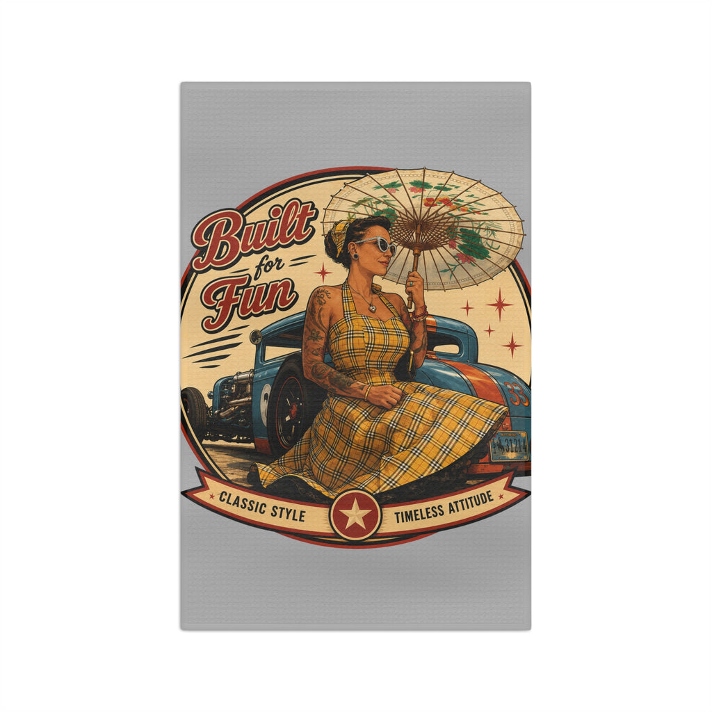 Built for Fun Pinup Art Microfiber Towel | Retro Car, Vintage Gas Pump