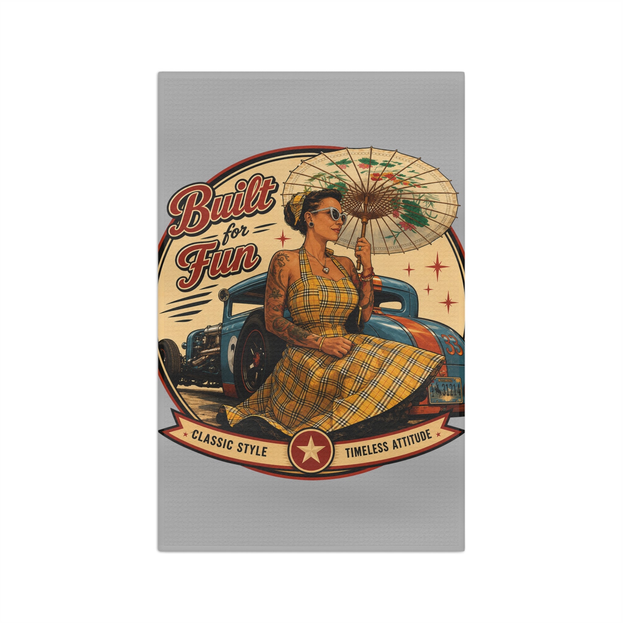Built for Fun Pinup Art Microfiber Towel | Retro Car, Vintage Gas Pump