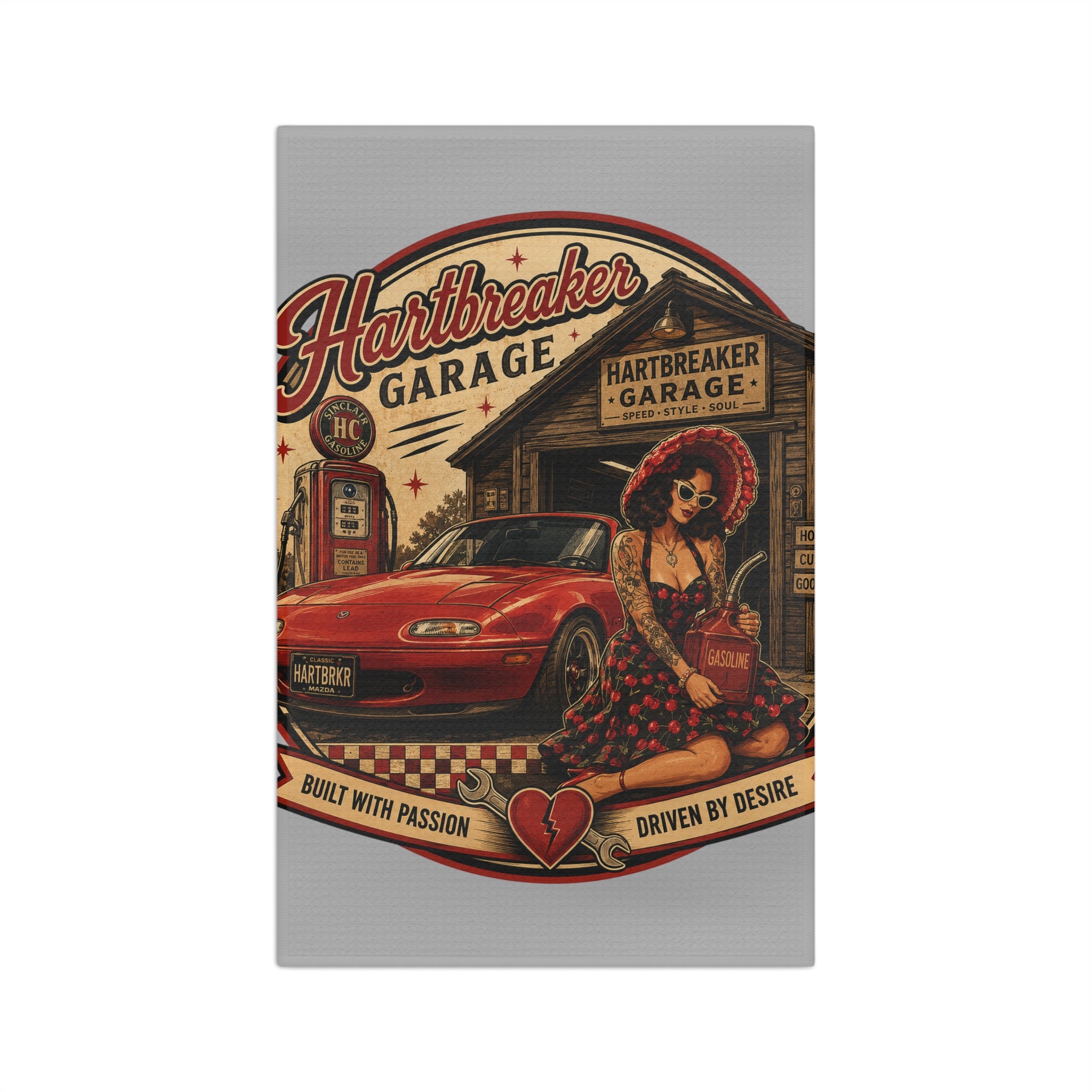 Heartbreaker Garage Pinup Art Microfiber Towel | Retro Car, Vintage Gas Pump